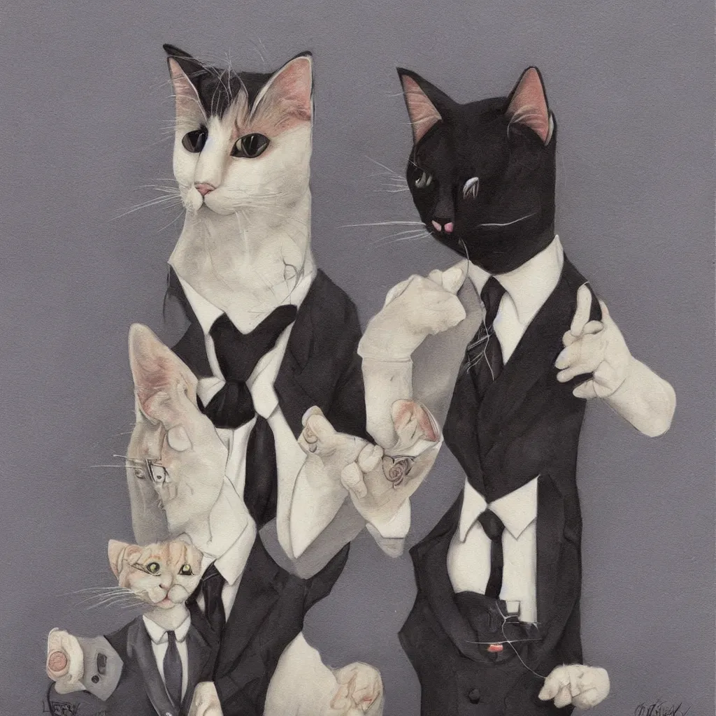 Prompt: a cat wearing a suit, artwork by lori earley