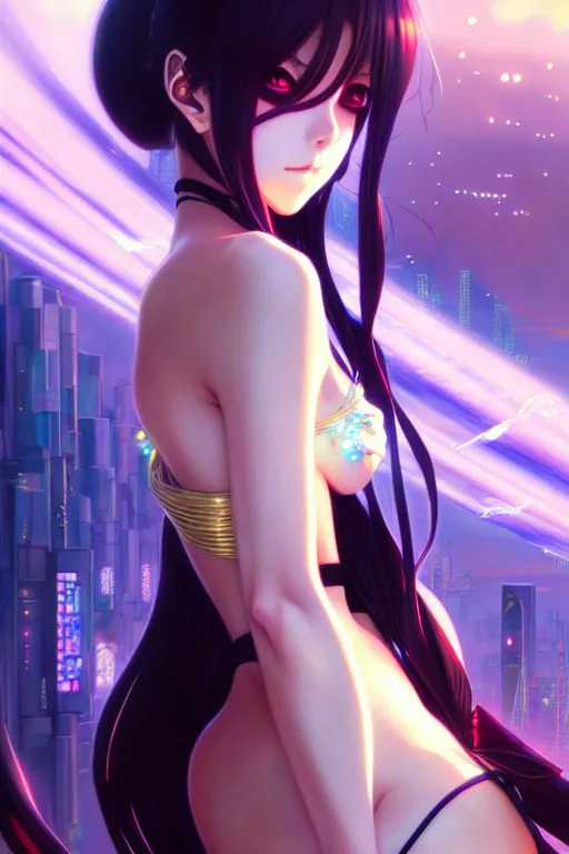 Image similar to ”beautiful anime woman, modern, cyberpunk, fantasy, magical, eerie, intricate, elegant, super highly detailed, professional digital painting, artstation, concept art, smooth, sharp focus, no blur, no dof, 8k, art by artgerm and alohonse mucha and eiichiro oda”