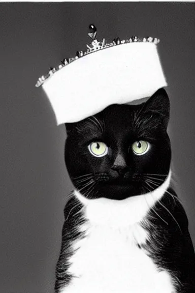 Image similar to a photo taken from a distance of a black and white cat dressed up as queen elizabeth