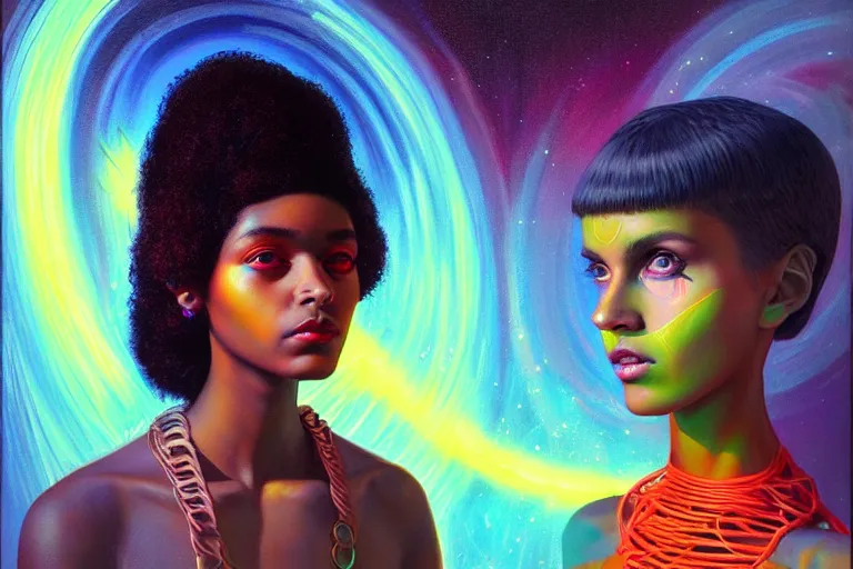 Image similar to patron saint of 🛸🌈👩🏾, futuristic clothing, neon god of city character portrait, in the style of margaret keane, moebius, tom bagshaw, and waterhouse, cinematic lighting, beautiful, elegant, oil painting,