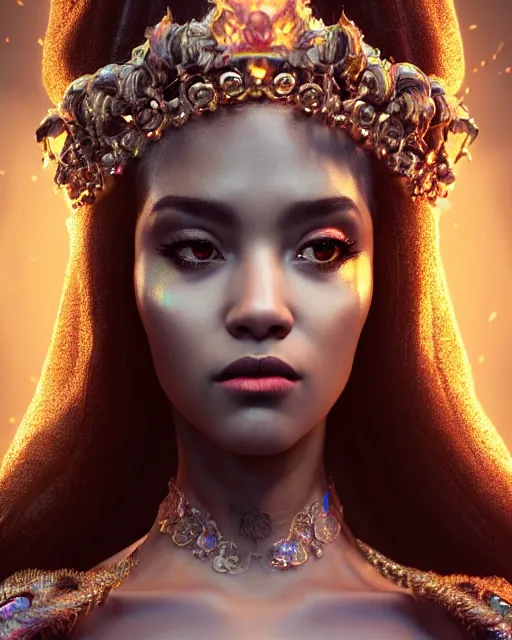 Prompt: beauteous sumptuous dark empress with incredible iridescent pearlescent voluminous hair, crystalline masterpiece incrustations, hyperdetailed face, elegant pose, movie still, cinematic forest lighting, intricate accuracy, octane render, cgsociety, artgerm, unreal engine, crepuscular rays, god rays