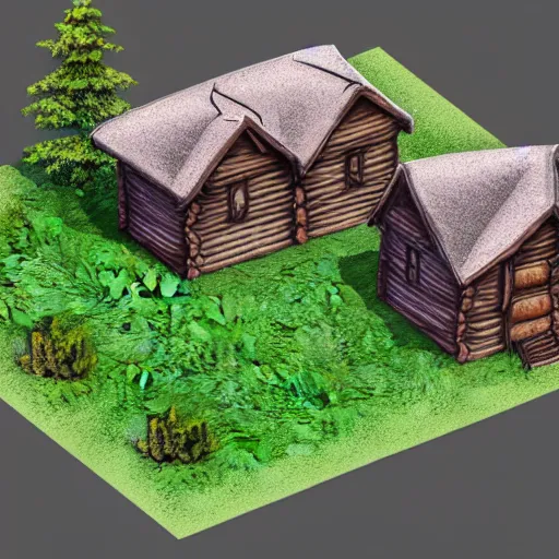 Image similar to concept art of a cabin in the woods, isometric view, unreal engine