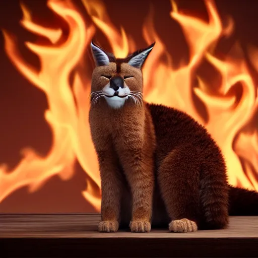 Image similar to wide-angle photo of fluffy caracal sitting on a wooden chair in a room, flames of fire at background, octane render, 3d, 8k, hd, studio light