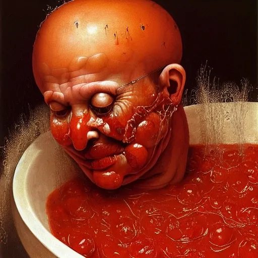 Image similar to a chef sitting in a bathtub full of tomato sauce, looking straight into camera, screaming in pain, by giuseppe arcimboldo and ambrosius benson, renaissance, fruit, intricate and intense oil paint, a touch of beksinski and hr giger, realistic