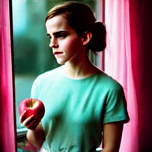 Image similar to Photograph of Emma Watson holding a pink apple by the window. Golden hour, dramatic lighting. Medium shot. CineStill