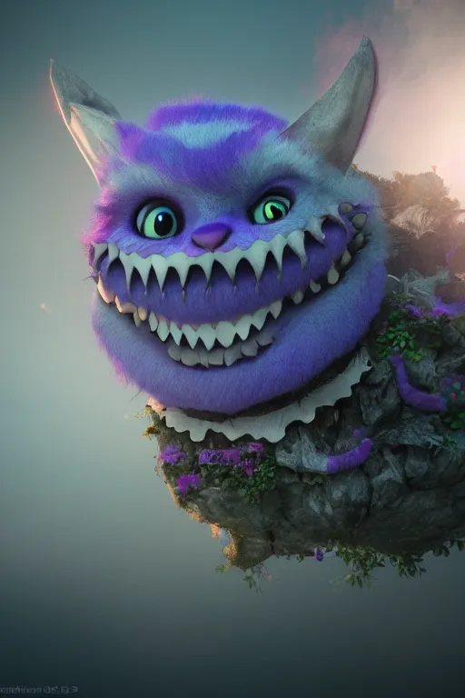 Image similar to cheshire cat vanishing vfx, burning vfx, vanishing vfx, made with blender, highly detailed, artstation, volumetric lighting, fog, vanishing, diaspora, concept