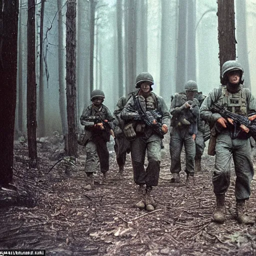 Image similar to wide shot, a squad of American Soldiers patrolling deep in the thick, forest, painting, colored, eerie, ominous, Lovecraftian, eldritch horror, 1969