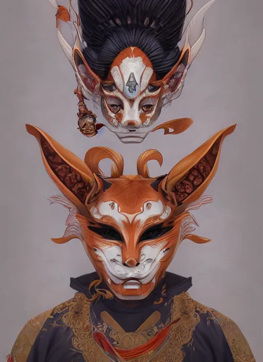 Prompt: a beautiful detailed oil on copper art illustration of a japanese hannya kitsune mask woman, the mask is broken, centered, by charlie bowater, zeng fanzh, trending on artstation, dim dusk lighting, cinematic lighting, detailed lighting, volumetric lighting, realistic, f 8, 4 k hd wallpaper