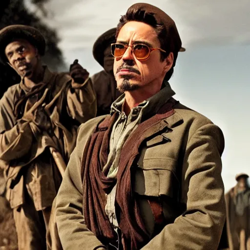 Image similar to robert downey jr as an african american character in a war movie, cinematic still