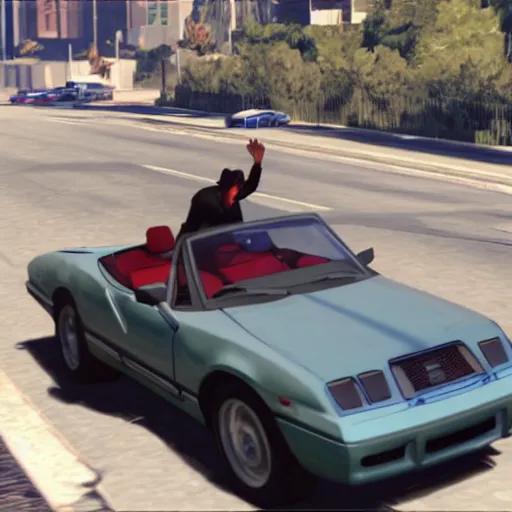 Image similar to Keanu Reeves driving ford mustand in gta5