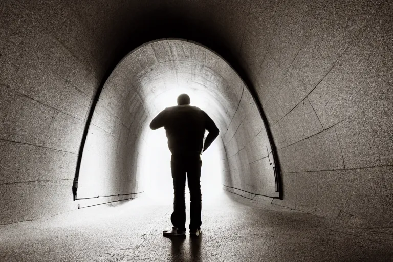 Prompt: a person going through all his memories in a tunnel, dramatic angle