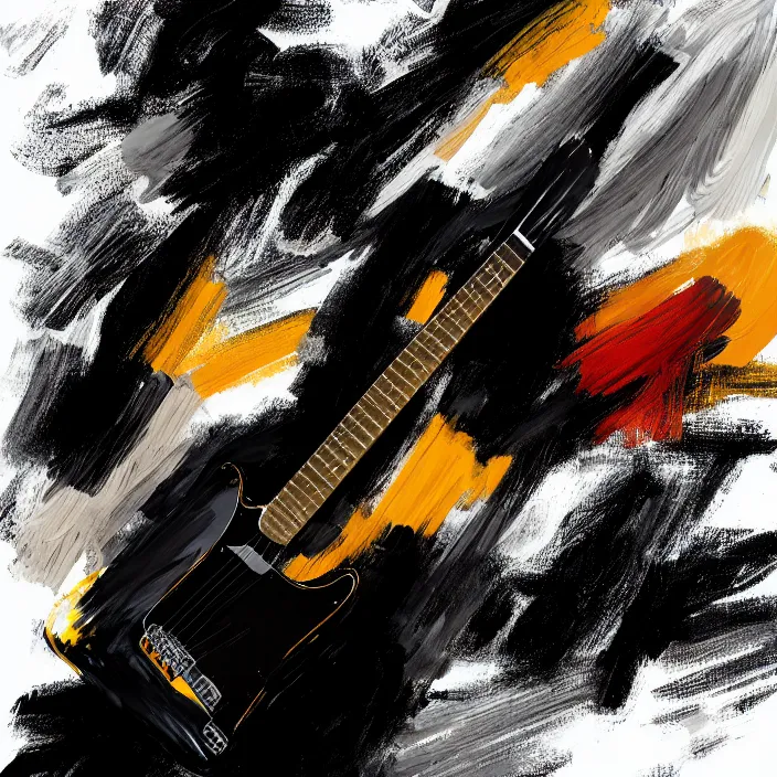 Image similar to large diagonal brush strokes, abstract dark painting of a young korean male musician wearing black tank top holding a telecaster!!! electric guitar!!, thick flowing dramatic brush strokes, dark matte colors!!, abstract, impressionist, motion, trending on artstation