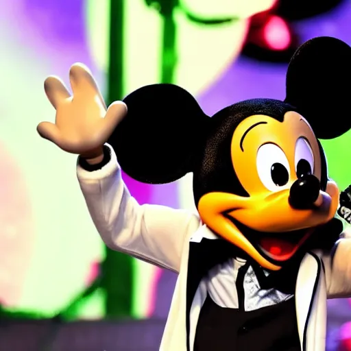 Image similar to kendrick lamar brings out goofy from mickey mouse on stage to rap