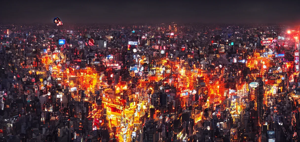 Image similar to A beautiful wide shot of an enormous Mickey Mouse destroying the night city of Tokyo, cinematic, anamorphic 35 mm lens, cinematic, anamorphic lens flares 4k