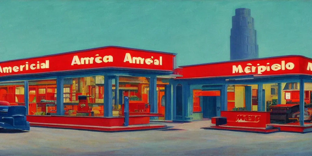 Image similar to American metro wasteland commercial gasoline in the style of Edward Hopper