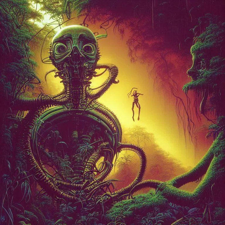 Image similar to mysterious biomechanical big head crashed in dense humid jungle, infinite psychic waves, synthwave, bright neon colors, highly detailed, cinematic, tim white, vladimir kush, philippe druillet, roger dean, bob eggleton, michael whelan, boris vallejo, alfred kelsner, kubrick, jaroslaw jasnikowski