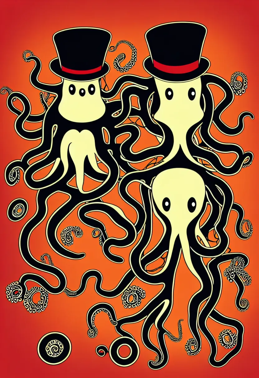 Image similar to concert poster for the band 'GrandpaFinger', symmetrical octopus wearing a top hat, vector art, 8k, highly detailed illustration