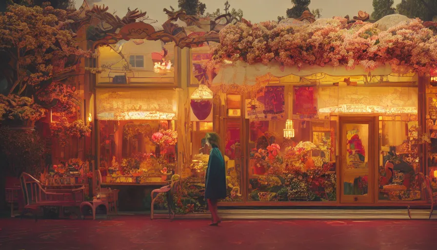 Prompt: a Wes Anderson 35mm film still of a very surreal cozy magic cafe with a miniature mountain city inside , golden hour, falling cherry blossom pedals, in the style of Gucci, glowing warm lights and floating lanterns, foggy atmosphere, rainy, moody, muted colors, magic details, very detailed, 8k, cinematic look, octane render, psychedelic,