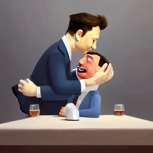 Image similar to goro fujita ilustration of elon musk kissing vladimir putin, painting by goro fujita, sharp focus, highly detailed, artstation