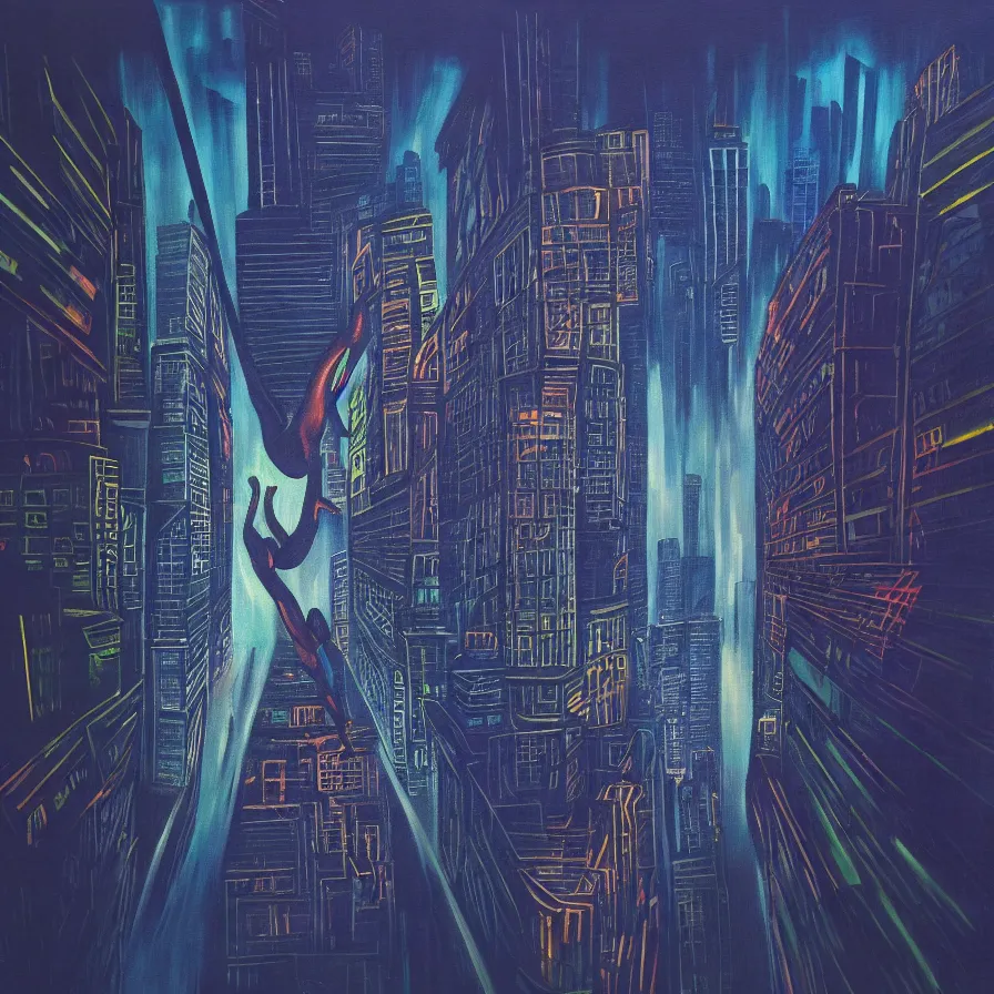 Prompt: surrealist painting of a downward view of someone falling off from the sun into a city full of neonlights and skyscrapers at night. creative view angle. dark indigo color scheme. rainy day mood.