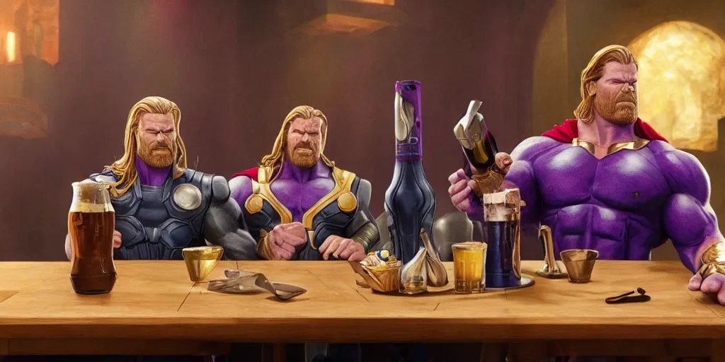 Image similar to Thanos and Thor having beers in a tabern, elegant, highly detailed, artstation, concept art, smooth, sharp focus, 4k