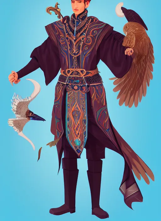 Image similar to male warlock with the head of a hawk, wind magic, blue robes, exquisite details, full body character design, white background, by studio muti