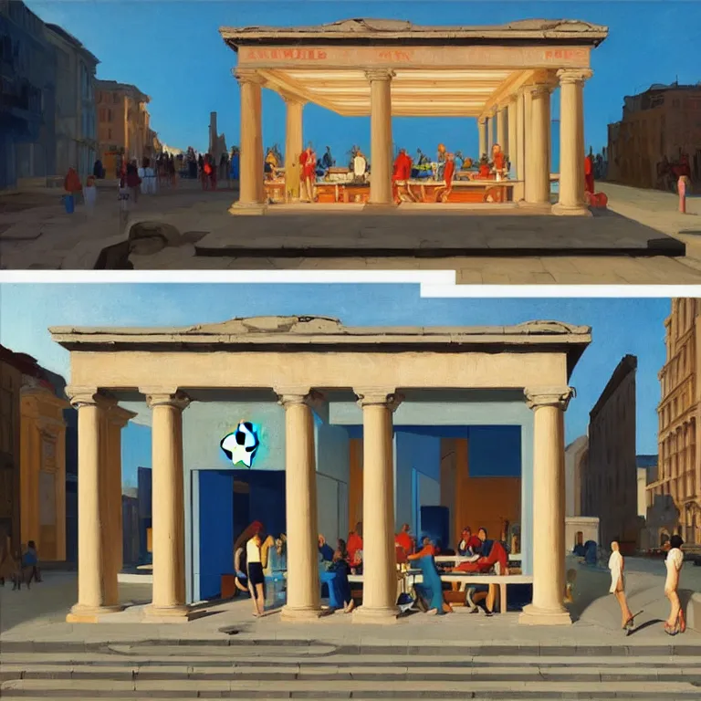 Image similar to apple store opening in ancient Greece, painted by Edward Hopper, painted by James Gilleard, airbrush