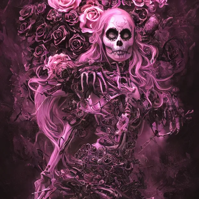 Image similar to a chaotic goddess of death skeleton as a heroine, intricate, elegant skull black rose s day of the dead atmospheric, dramatic, Trending on artstation. augmentations and cybernetic enhancements neon circuits, greg rutkowski , hyperrealist, cinema4D, 8k highly detailed