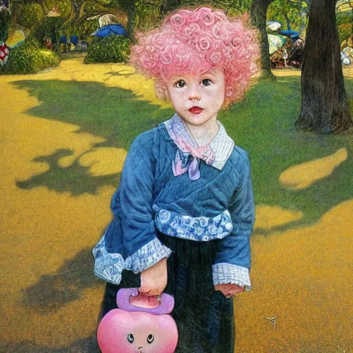 Image similar to a beautiful little blonde toddler girl with short curly hair at the park on a beautiful day in the shade, holding a round all-pink stuffed penguin, by Dan Mumford, Junji Murakami, Mucha Klimt, Hiroshi Yoshida and Craig Mullins, featured on Artstation, CGSociety, Behance HD, Deviantart