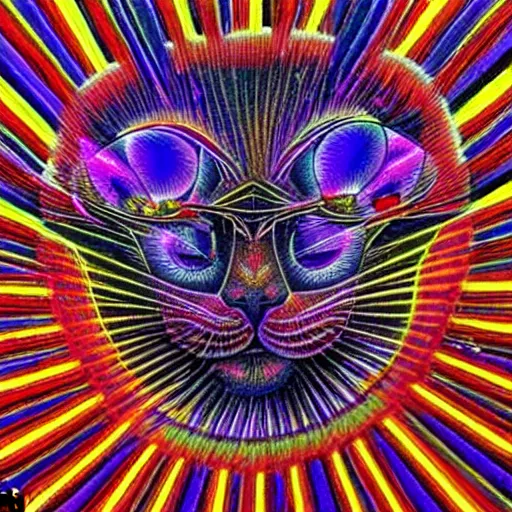 Image similar to Alex Grey Cat, Godself, Net of Being, geometric, psychedelic, acid