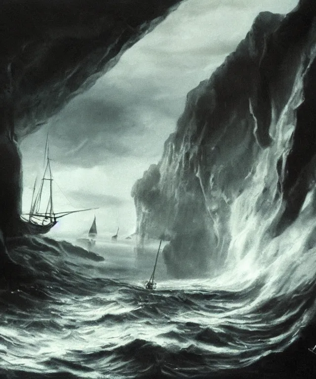 Image similar to photorealistic painting of a 1 9 2 5 seiner sailing near a tropical cliff with the mouth of a sea cave at the waterline, dark, brooding, atmospheric, lovecraft, horror, smooth, epic, highly detailed, cinematic, by lee gibbons