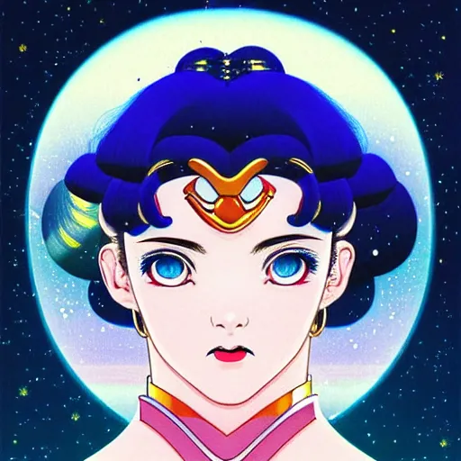 Image similar to perfectly centred realistic portrait of evgenia medvedeva as sailor moon, early morning, close - up shot, light falling on face, futuristic, highly detailed, 8 0 - s style poster, sharp focus, illustration, art by kawase hasui,