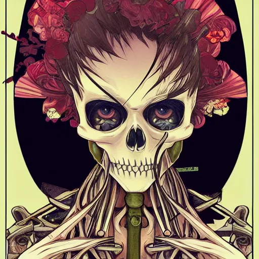 Image similar to anime manga skull portrait girl female skeleton illustration hyperrealistic art Geof Darrow and will cotton alphonse mucha pop art nouveau