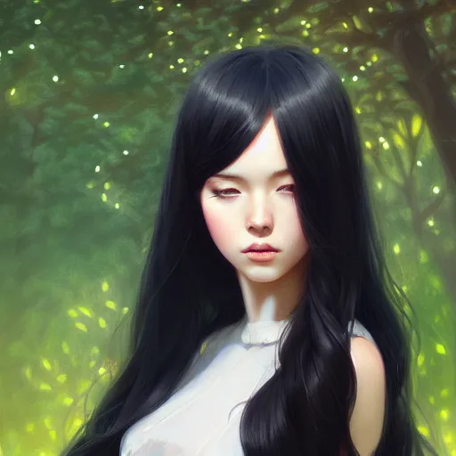 Prompt: a beautiful girl with long black hair, royal garden background, sharp focus, intricate, digital painting, artstation, highly detailed, ambient lighting, portrait by Rossdraws, artgerm, Ilya Kuvshinov, and Greg Rutkowski