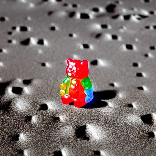 Image similar to a gummy bear walking on the moon staring back at a tiny earth, photorealistic, 5 5 mm, 1 6 k details, hyperrealist