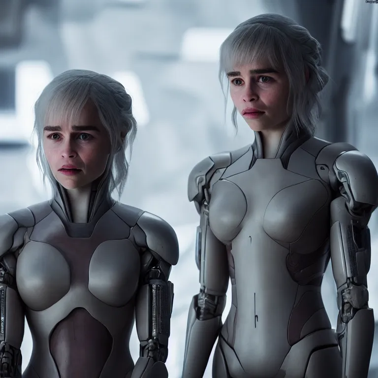 Image similar to scifi emilia clarke looks like ghost in the shell, extremely high detail, high detailed face, smiling woman, cyborg, photorealism, emilia clarke, sony a 7 r