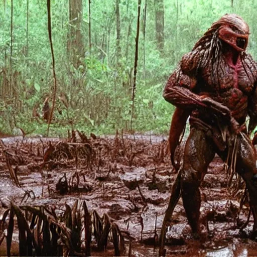 Image similar to cinematic still of danny devito, covered in mud and watching a predator in a swamp in 1 9 8 7 movie predator, hd, 4 k