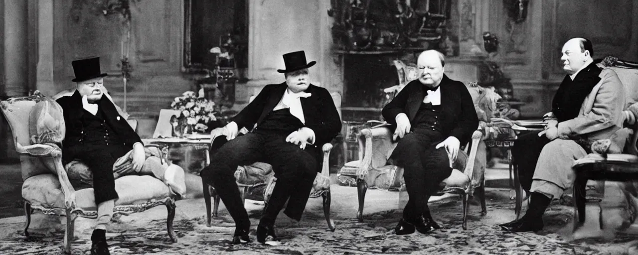 Image similar to Winston Churchill talking to Napoleon Bonaparte, vintage photo