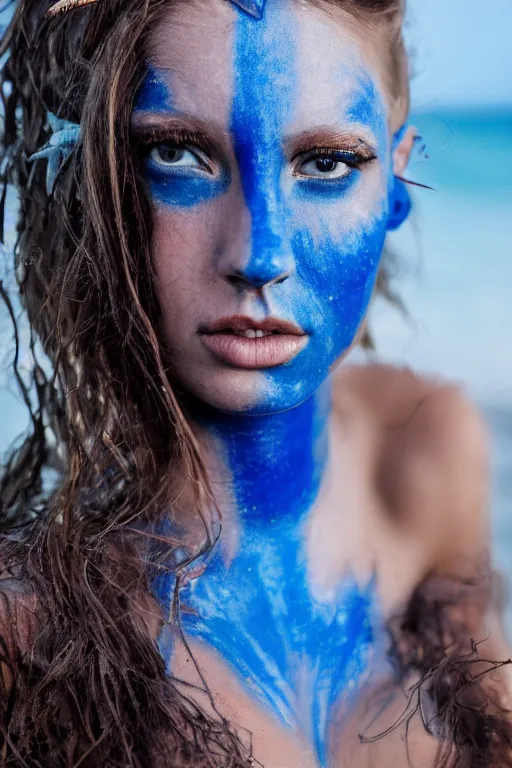 Image similar to a young french woman dressed as a blue-skinned triton from DND standing on a beach, blue body paint, high resolution film still, 8k, HDR colors, cosplay, outdoor lighting, high resolution photograph, photo by bruce weber, beautiful symmetric face