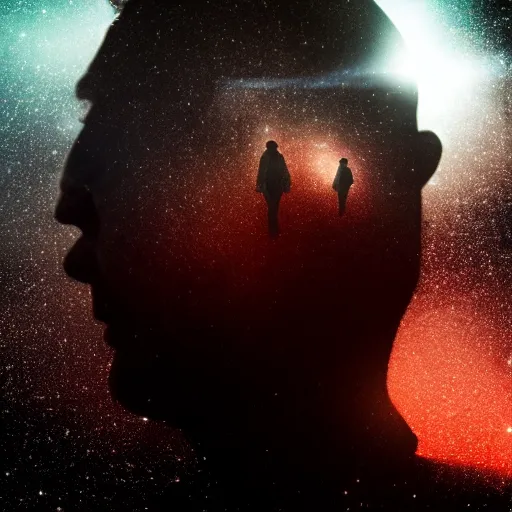 Image similar to silhouette of man, filled with deep space field of twinkling stars, award-winning portrait of face, fantasy horror, 8k, 4k, , matte finish, pixiv, unnerving, volumetric lighting, highly detailed