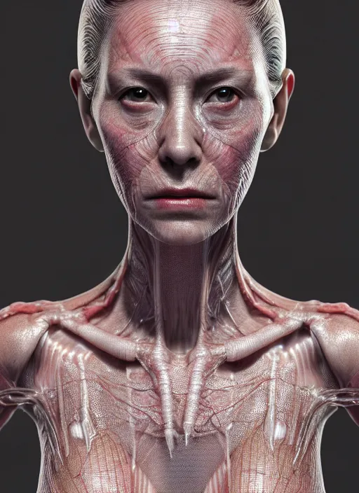 Prompt: 3 / 4 portrait, queen emma with transparent skin, visible muscle and bones and veins and nerves, hyperrealism, detailed textures, photorealistic 3 d cyberpunk hong kong city, futuristic clothing,, ultra realistic, cinematic, intricate, cinematic light, unreal engine 8 k, octane render, unreal engine by david kostic and stanley lau and artgerm