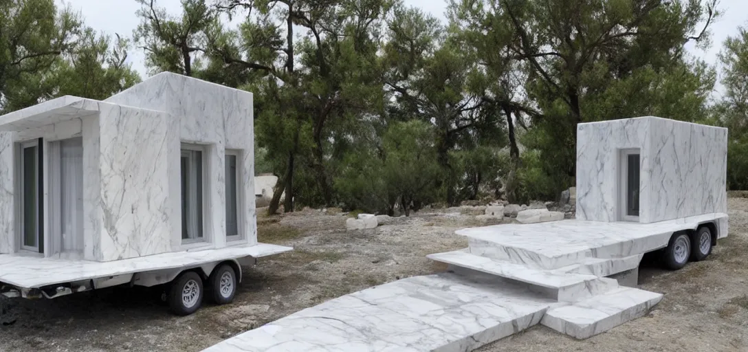 Image similar to greek tiny house on trailer made of marble designed by iktinos and callicrates.