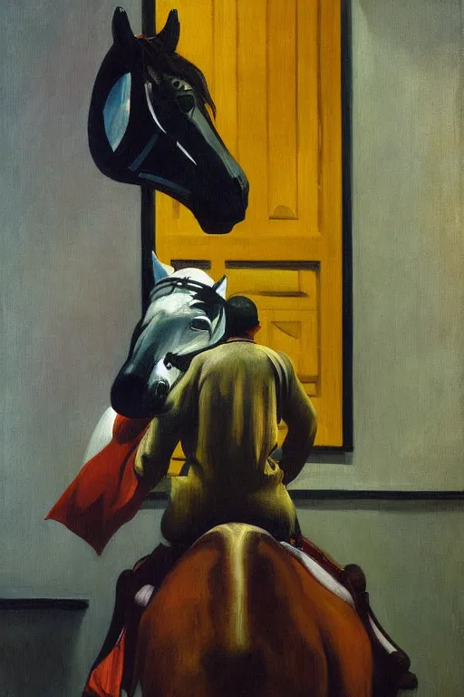 Image similar to man in horse costume, horse in costume astronaut, hauntingly surreal, highly detailed painting by francis bacon, edward hopper, adrian ghenie, gerhard richter, and james jean soft light 4 k,