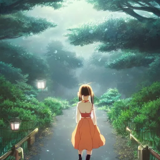 Image similar to anime, incredible wide screenshot, ultrawide, realist proportions, paper texture, intricate, very detailed, studio ghibli movie scene, girl in a dress walking the beautiful forest town, lanterns, wood bridges, night outdoors, fireflies!!!!, fog, dust