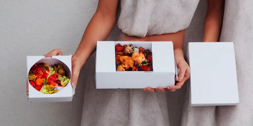 Image similar to a woman is holding a box of food., colors whitesmoke, white, linen, antiquewhite