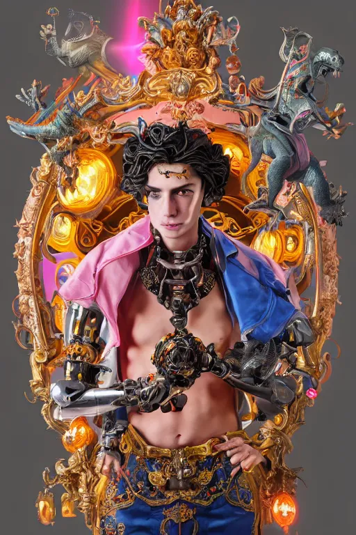 Image similar to full-body rococo and cyberpunk style sculpture of a young handsome Spanish prince half android with a chest exposing a glowing orange gem, glowing pink laser eyes, crown of blue gears and giant diamonds, swirling salmon-colored silk fabric, robotic raptors dinosaurs. baroque elements. full-length view. intricate artwork by caravaggio. Trending on artstation, octane render, cinematic lighting from the right, hyper realism, octane render, 8k, depth of field, 3D