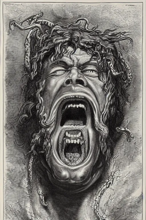 Prompt: very detailed ink drawing of a screaming head of Hercules with snakes coming out from his eyes by gustave dore, poster, fine art