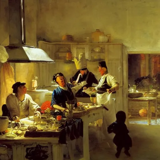 Prompt: a busy kitchen full of chefs, by mead schaeffer and jean - honore fragonard