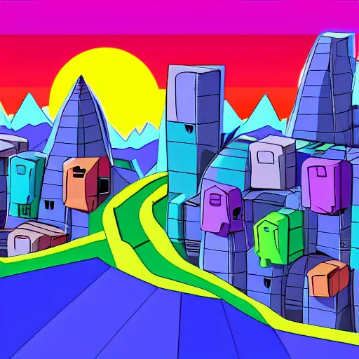 Prompt: futuristic city on a mountainside, colorful city, q - bert blocks, colorful blocks on hillside, 3 d blocks, cel - shading, cel - shaded, 2 0 0 1 anime, bright sunshine