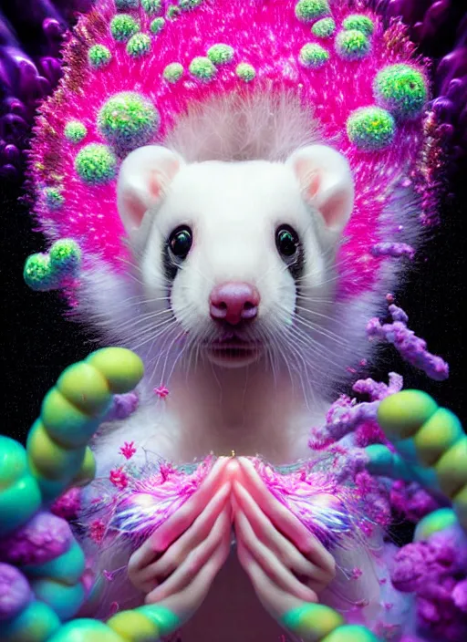 Image similar to hyper detailed 3d render like a Oil painting - kawaii portrait Aurora (white haired Singer Ferret) seen Eating of the Strangling network of yellowcake aerochrome and milky Fruit and Her delicate Hands hold of gossamer polyp blossoms bring iridescent fungal flowers whose spores black the foolish stars by Jacek Yerka, Mariusz Lewandowski, Houdini algorithmic generative render, Abstract brush strokes, Masterpiece, Edward Hopper and James Gilleard, Zdzislaw Beksinski, Mark Ryden, Wolfgang Lettl, hints of Yayoi Kasuma, octane render, 8k